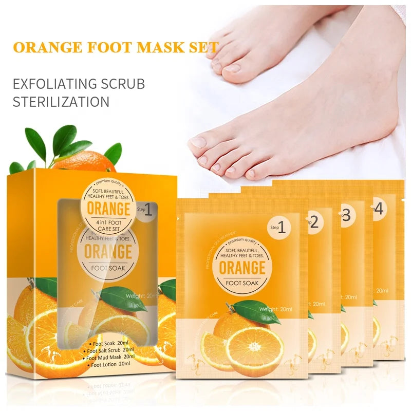 4 in 1 Orange Scent Jelly Pedicure Moisturizing Foot Bat Set for Cracked Heels Dead Skin and Calluses to Make Your Skin Silky