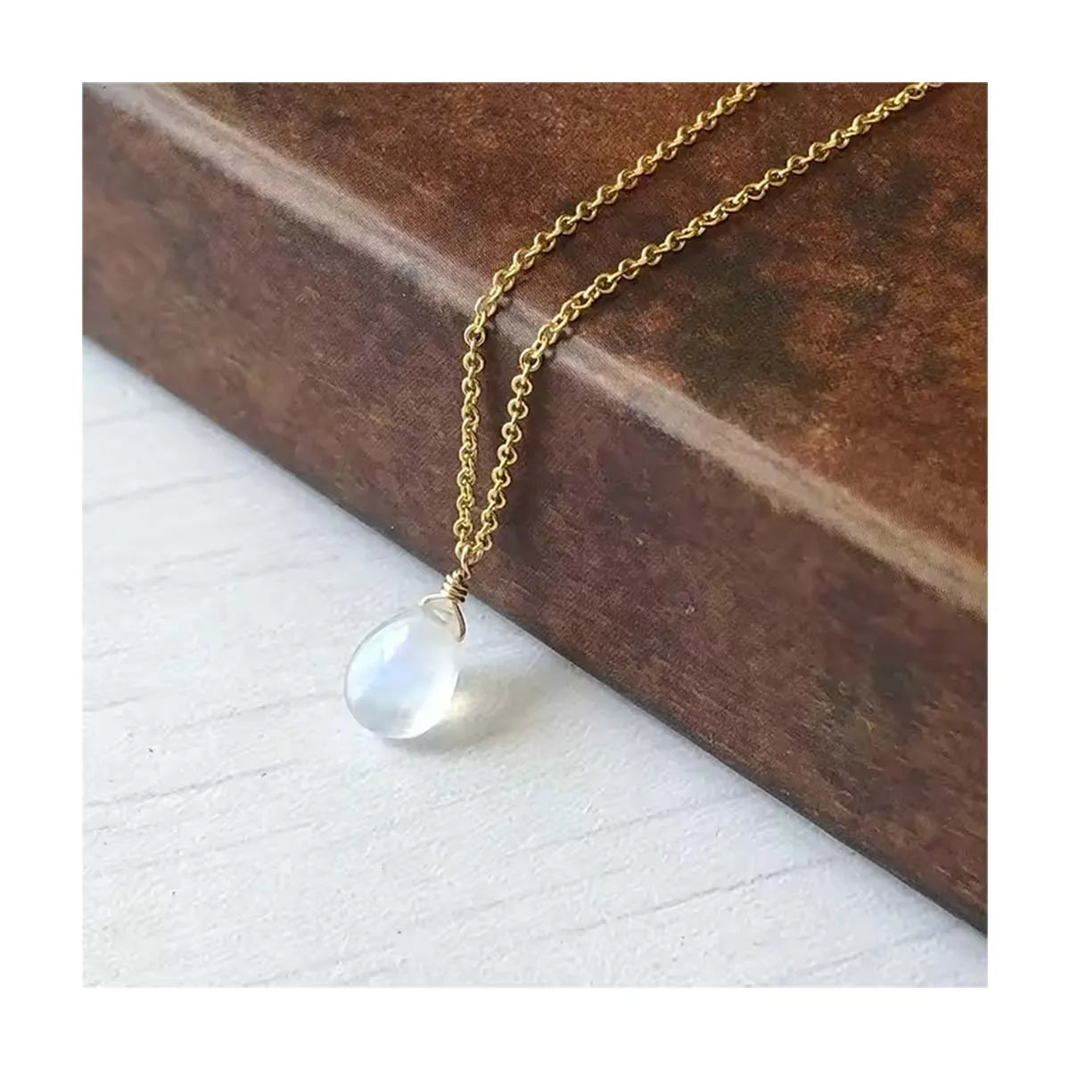 Minimalist 14K Gold Filled Stainless Steel Stone Necklace Natural Rainbow Moonstone Teardrop Pendant Necklace