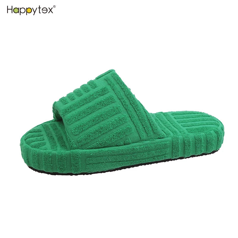 Super Comfortable Thick Sole Summer Winter Thermal Outdoor Warm Anti-Slip Fashion Green Terry Towel Velvet Cross-border Platform