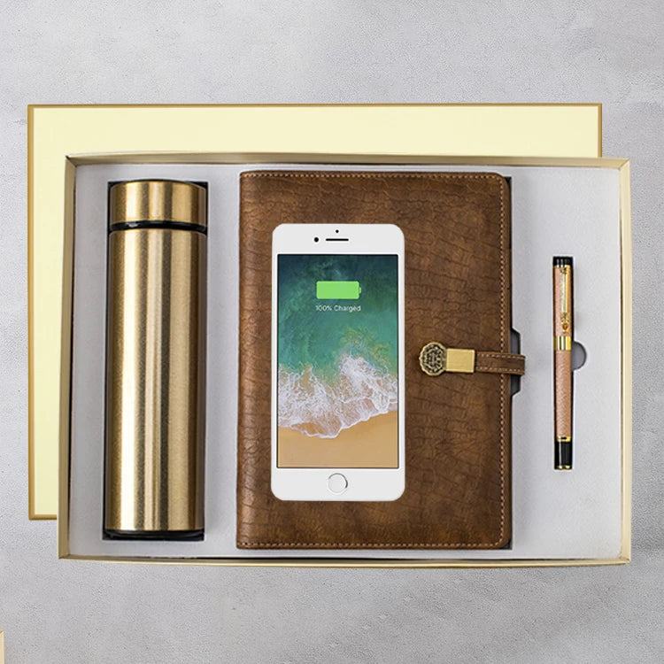 Custom Printed Smart Wireless Charger Power Bank USB Flash Drive Notebook Flask Bottle Gift Sets for Christmas Planner