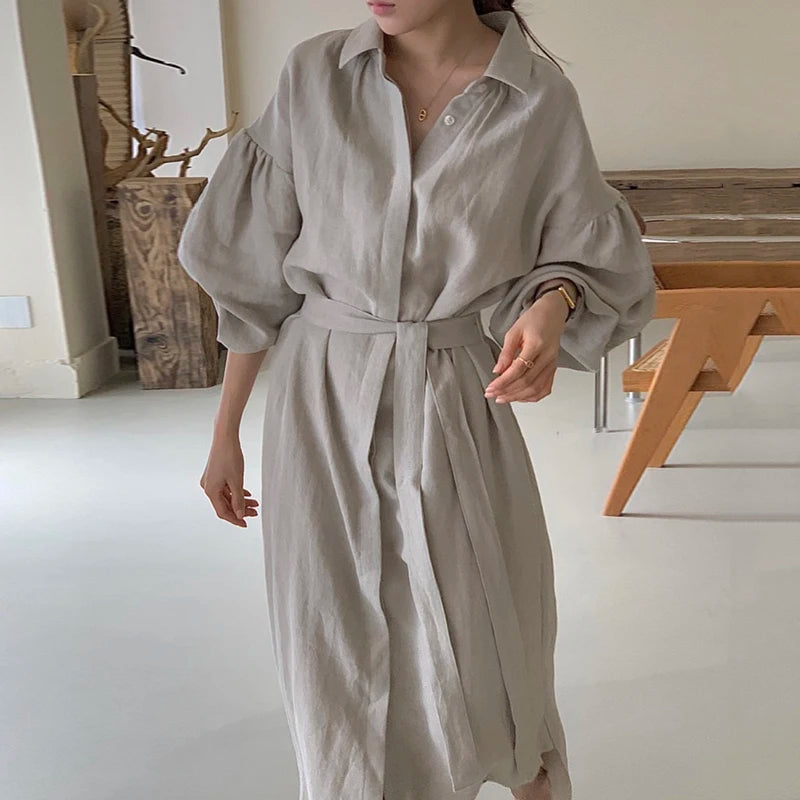 Wholesale Fall 2026 New Fashion Simple Lapel Single Breasted Casual Loose Lantern Sleeve Over the Knee Mid-length Shirt Dress