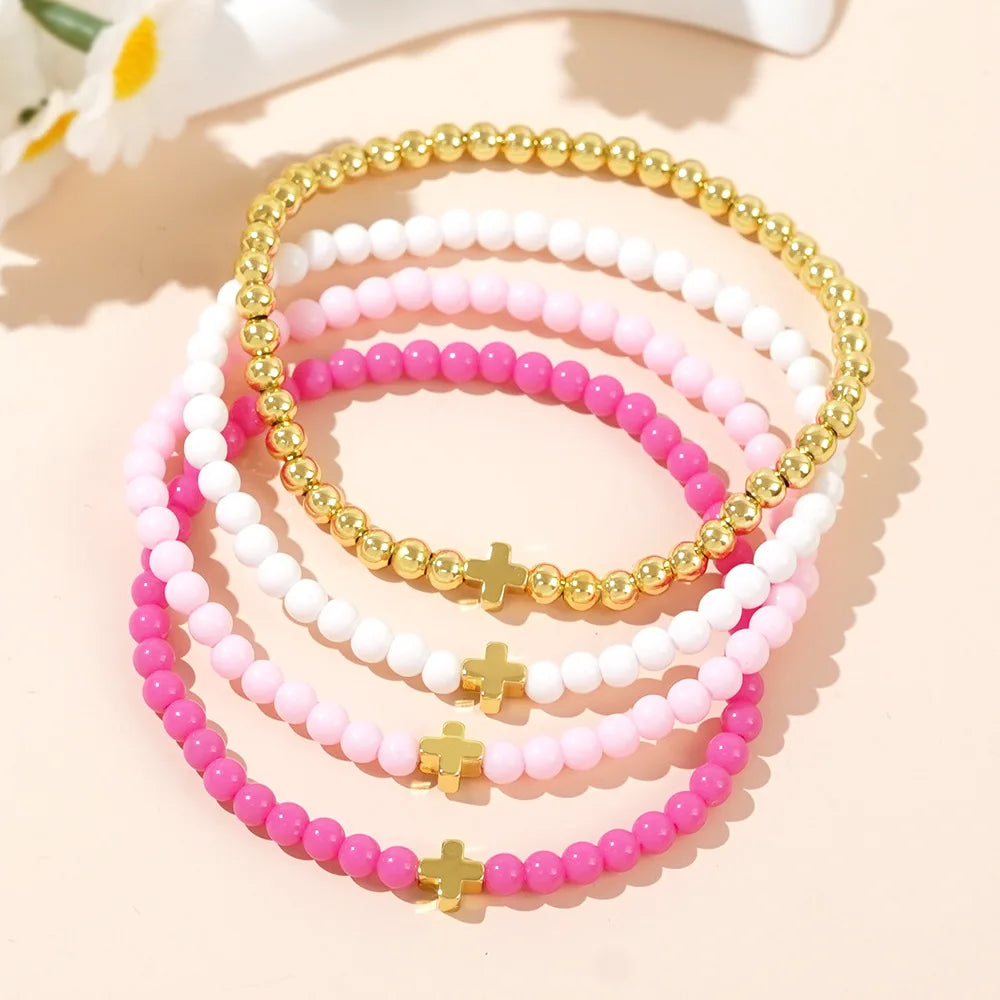 European American Fashion Bohemian Style Round Bead Bracelet Elastic Thread Iron Stone Acrylic Cross Beaded Bezel Setting Inlay