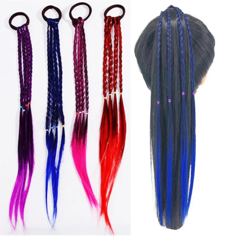 Wholesale Colorful Gradient Ponytails for Kids 15inch 4 Strand Hair Braids Accessories With Rubber Band Girls Hair Extensions