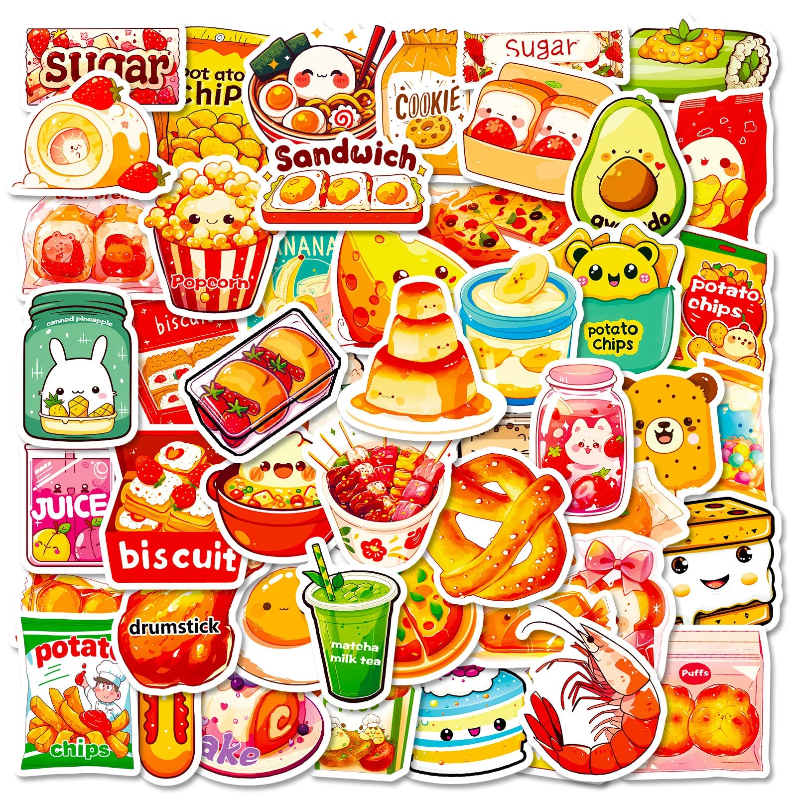 50PCS Cute Cartoon Food Drink Bread Dessert Snack Stickers