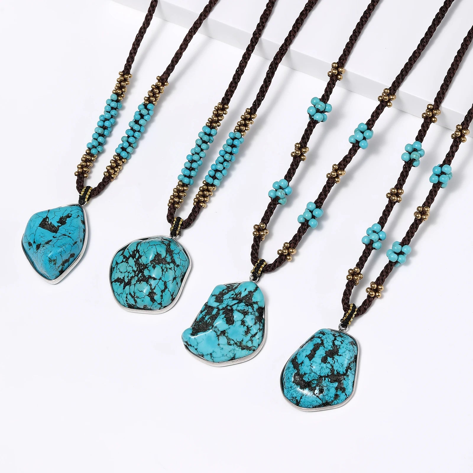 Wholesale Men/Women Tibetan Turquoise Stone Pendant Necklaces Handwoven Turkish Natural Raw Gemstone Jewelry Gold for Party