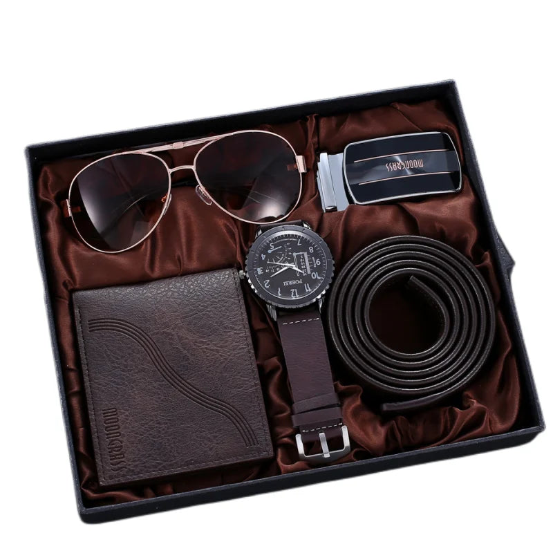 2023 HOT Sell Business Gift Set Wallet+belt Belt+glasses +Watch 4pcs/s Men Gift Set