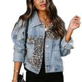 Hiking Women Coat Leopard Splicing Denim Jacket Stylish Loose Fit Coat for Women Autumn Outwear with Buttoned Pockets Cozy
