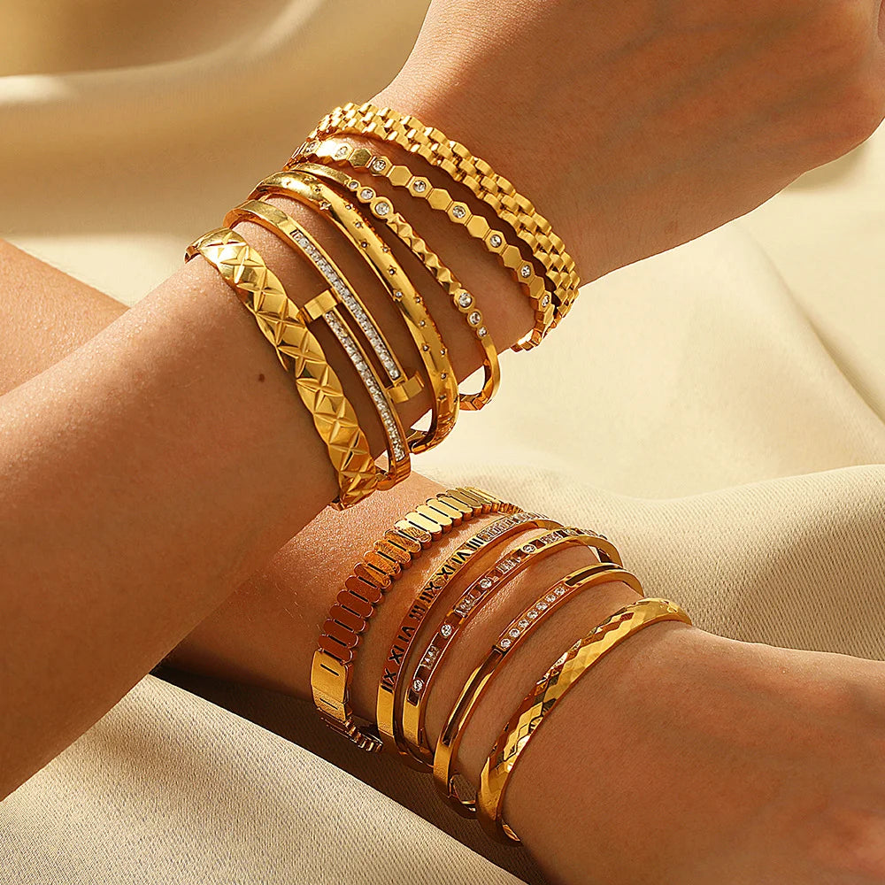 18K New Zircon Bracelet Roman Numeral Diamond Pattern Jewelry Stainless Steel Gold Bracelet Charms for Bracelets