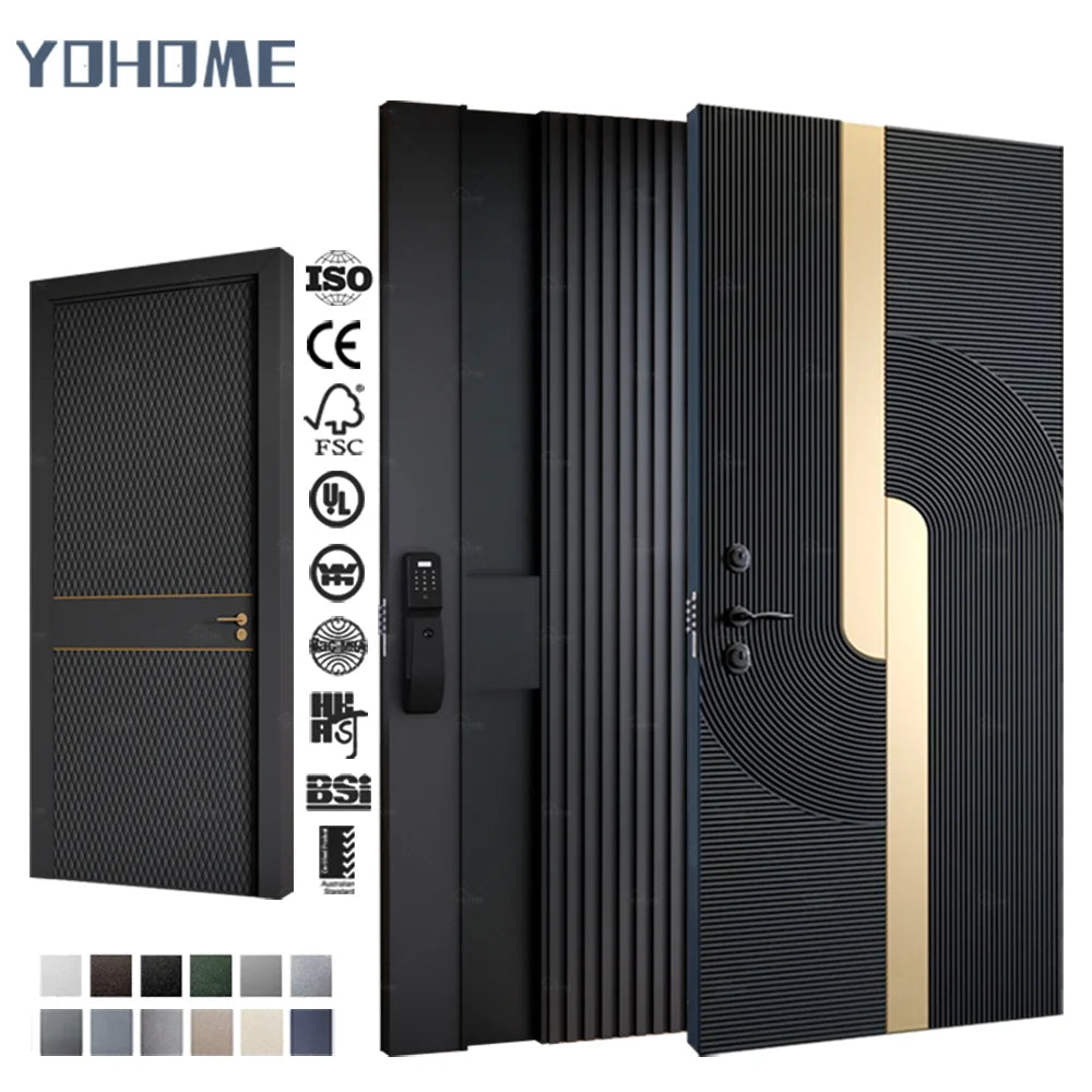 Hot Selling Elegant Gone Groove Design Black Cast Aluminum Door Bulletproof House Front External Metal Security Doors
