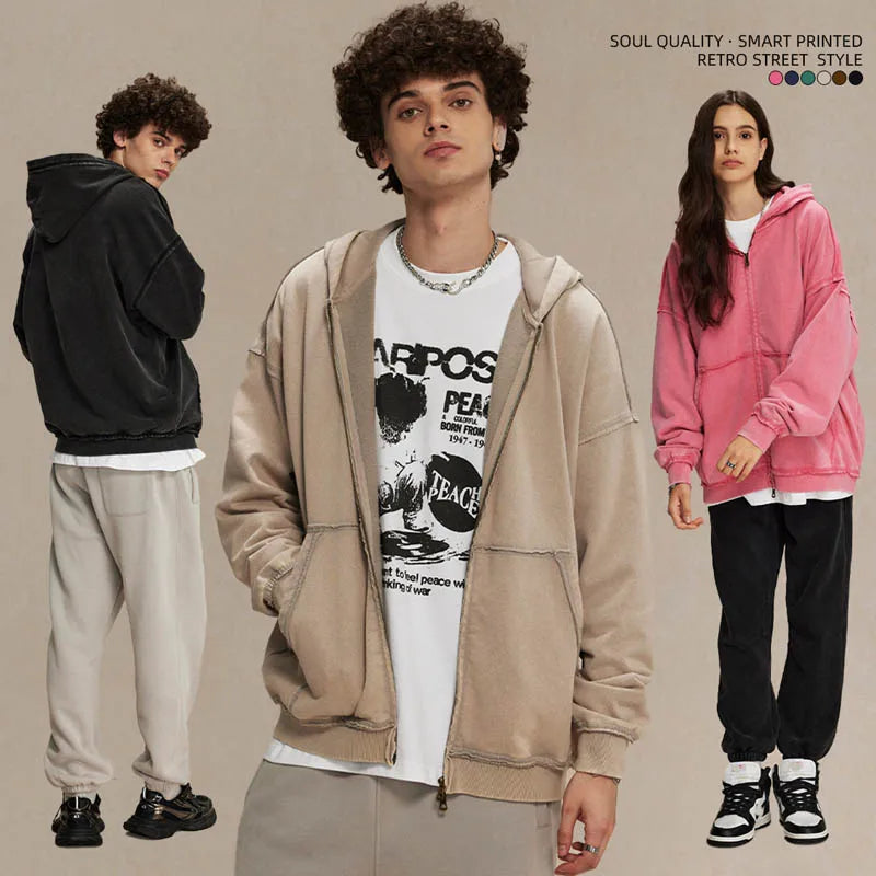 SHINBENE 450GSM Retro Acid Washed Zip up Unisex Hoodies Heavyweight Cotton Vintage Hooded Jacket Streetwear
