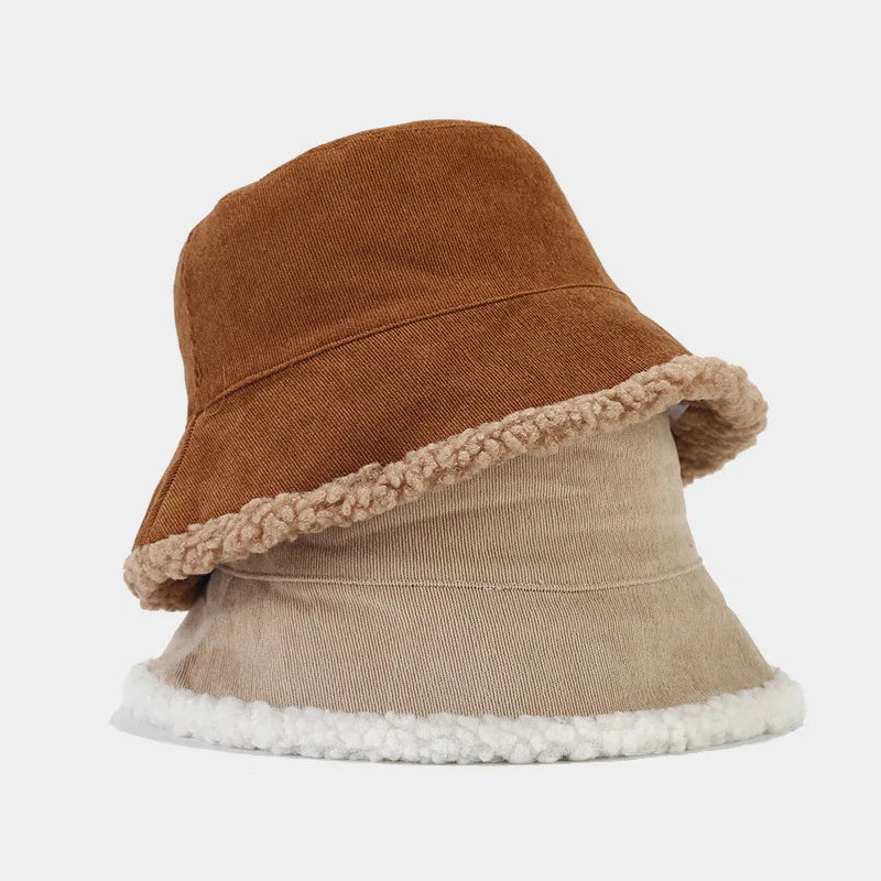 Wholesale Japan Vintage Style Reversible Plush Winter Corduroy Bucket Hat Wide Brim for Women's Fashion for Ski and Fishing