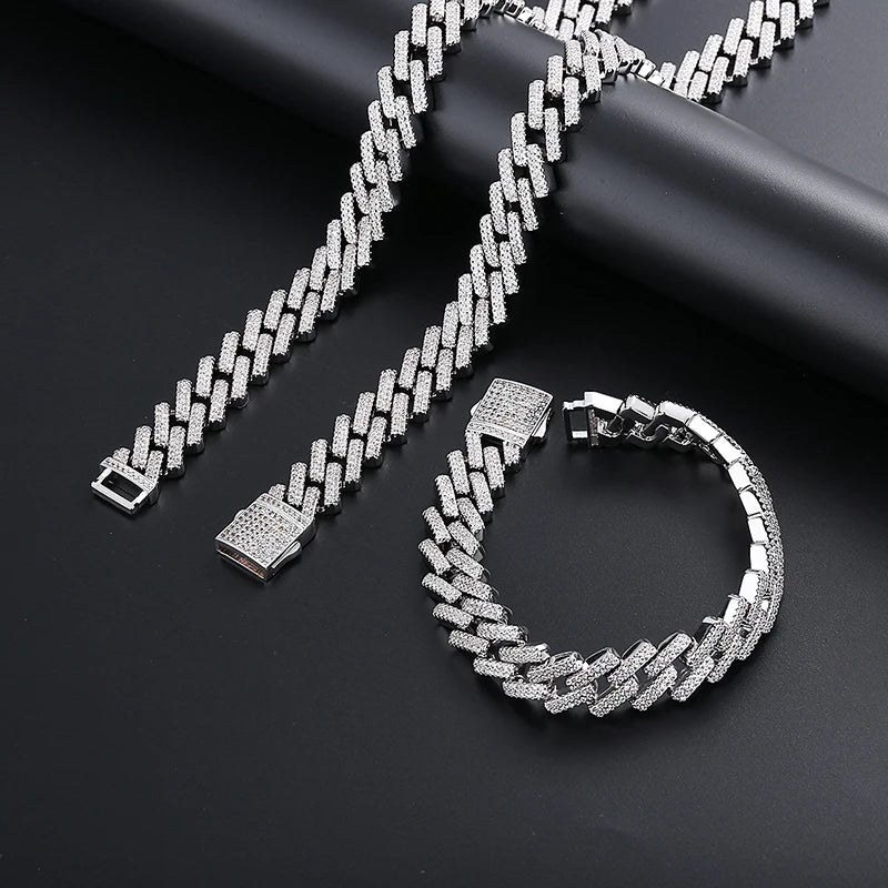 Fashion Hip Hop Silver Cuban Bracelet Men's Necklace Bling Ice Out Diamond Cuban Chain Men's Jewelry Set