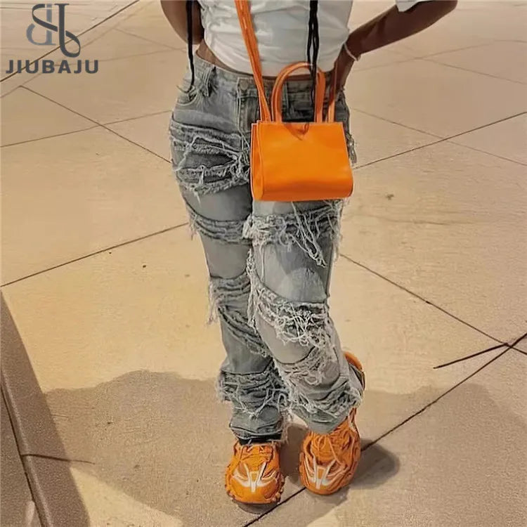 Jeans Tassel Pants Women 2024 Casual High Waist Design Denim Blue Fashion Baggy Design Trousers Pants