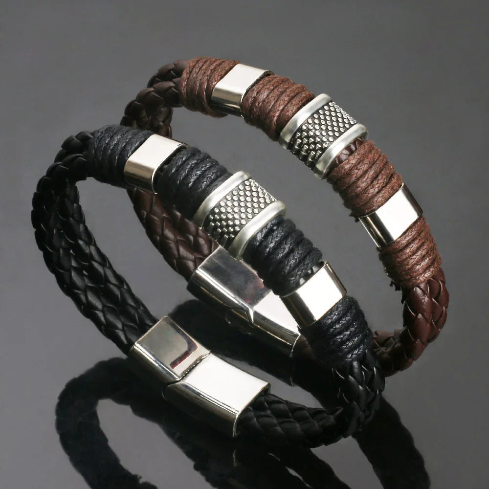 Braided Cowhide Magnetic Buckle Bracelet Men Double Leather Custom Bracelet