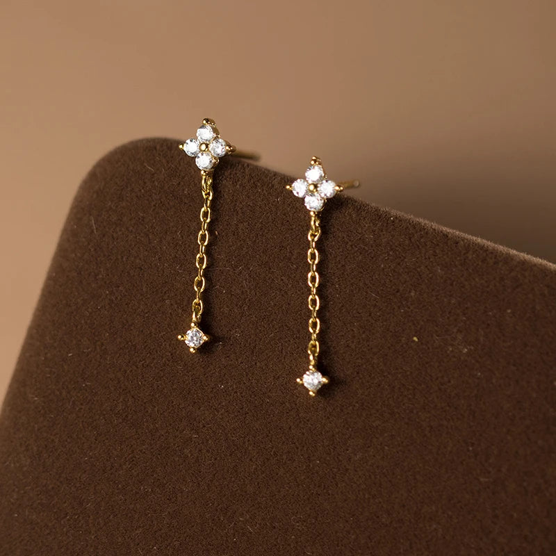 Romantic Women's Statement 925 Sterling Silver Four-Petal Flower Chain Tassel Drop Earrings Gold Zircon for Weddings Fashion