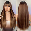 Immediate Delivery Long Silky Straight Wigs for Women Brown Highlight Wig with Bangs Natural Mixed Color Hair Soft Daily Wig