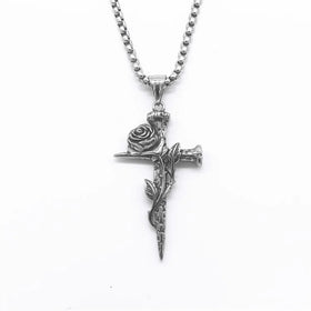Vintage Fashion Unisex Jewelry Stainless Steel Rose Flower Cross Pendant Necklaces for Women Men