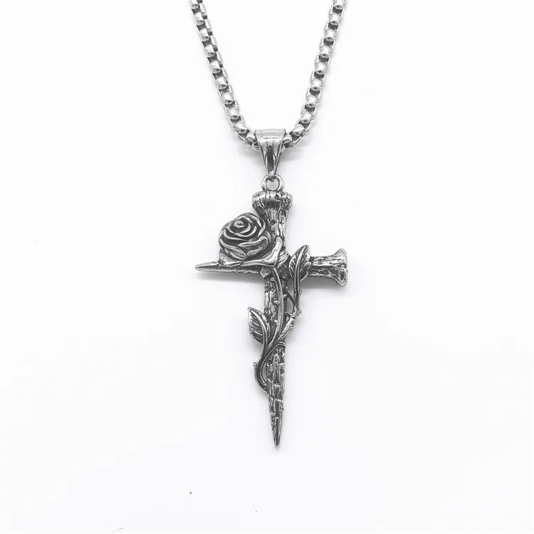 Vintage Fashion Unisex Jewelry Stainless Steel Rose Flower Cross Pendant Necklaces for Women Men