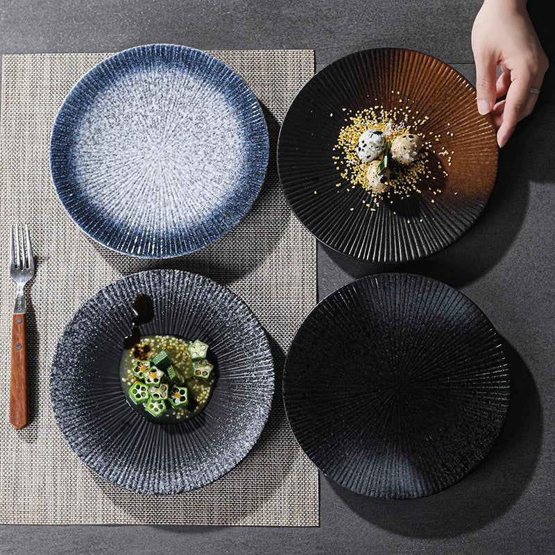 Household Striped Shallow Plate Creative Ceramic Premium Western Steak Plate Vintage Restaurant Hotel Wholesale Plates