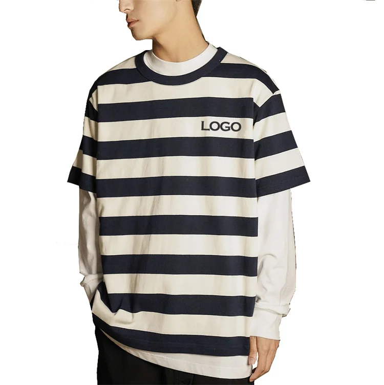 Wholesale Custom Retro Striped Short-sleeved T-shirt Men's Heavyweight Black and White Wide Striped Crewneck Tshirts
