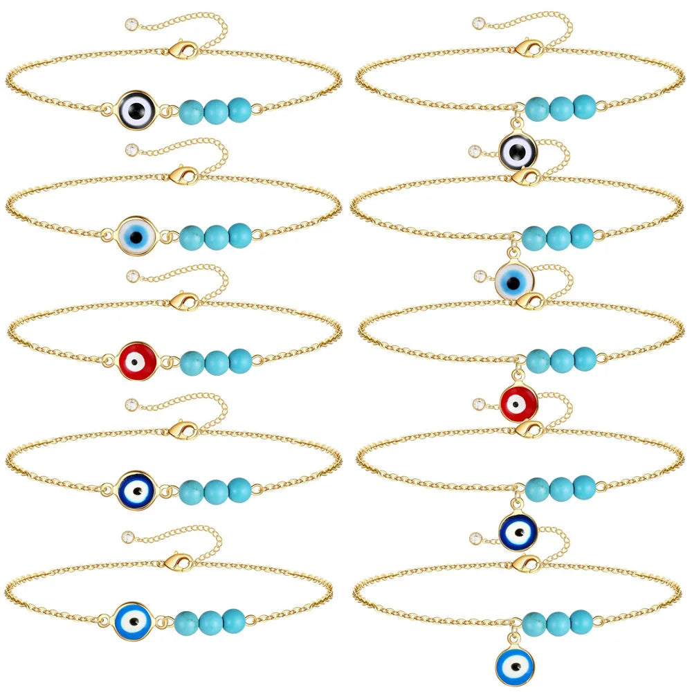 HOVANCI New Fashion 5pcs Gold Plated Chain Evil Eyes Anklet Multi Layer Natural Irregular Turquoise Beads Ankle Bracelet