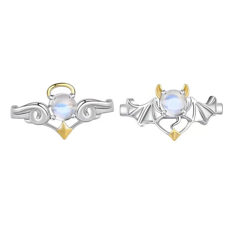 Devil and Angel Matching Rings Open Adjustable Moonstone Ring Promise Silver Couple Rings for Valentine's Day Jewelry Gift