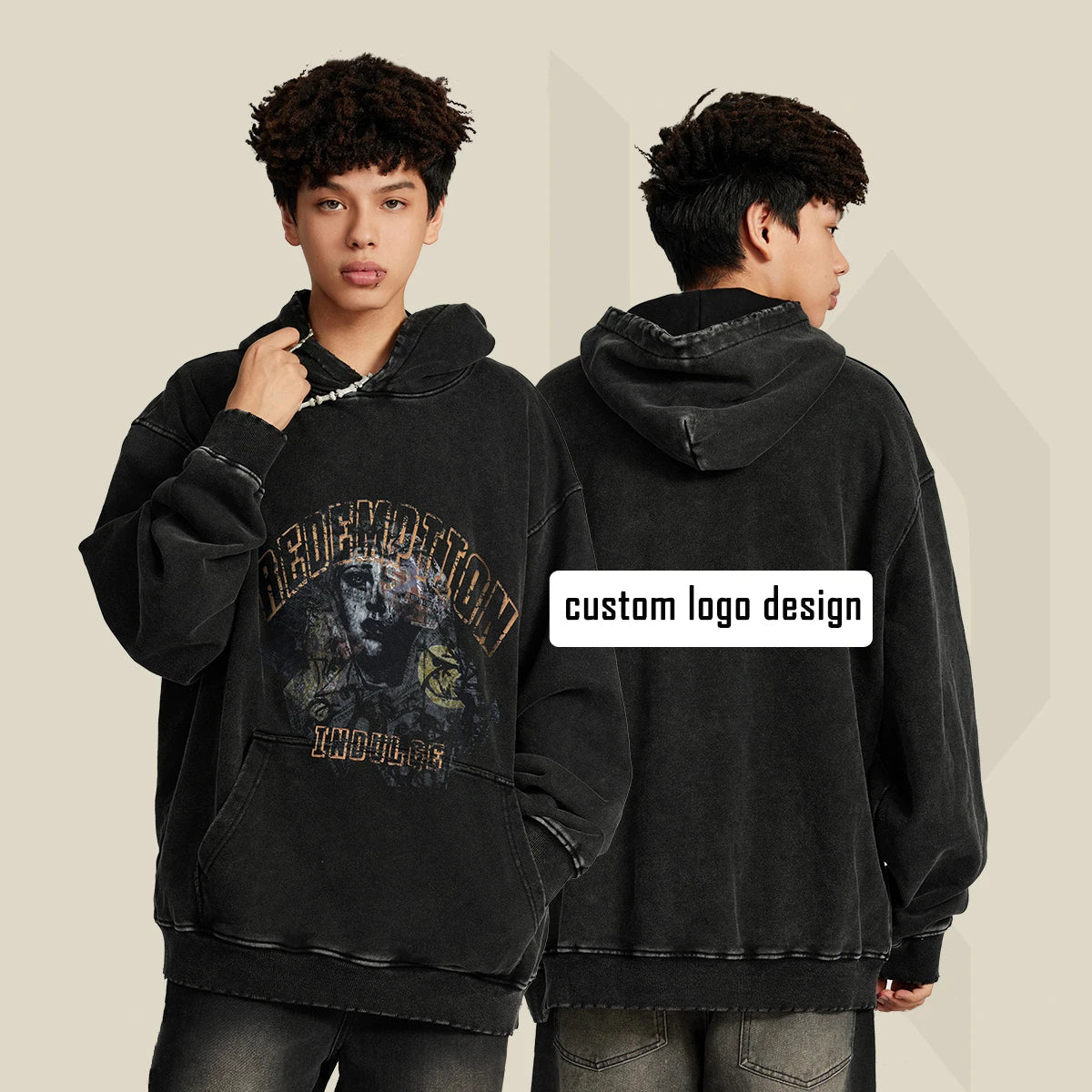Custom Print Logo Unisex 420G Heavyweight 100% Cotton High Quality Blank Pullover Oversized Men's Streetwear Acid Washed Hoodies
