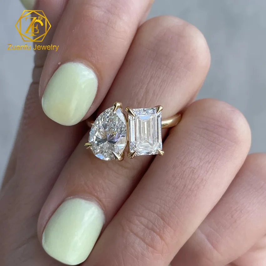 Trendy Double Stone Toi Et Moi Ring Style With Custom 14K Gold Pear Emerald Cut Moissanite Rings for Wedding Engagement