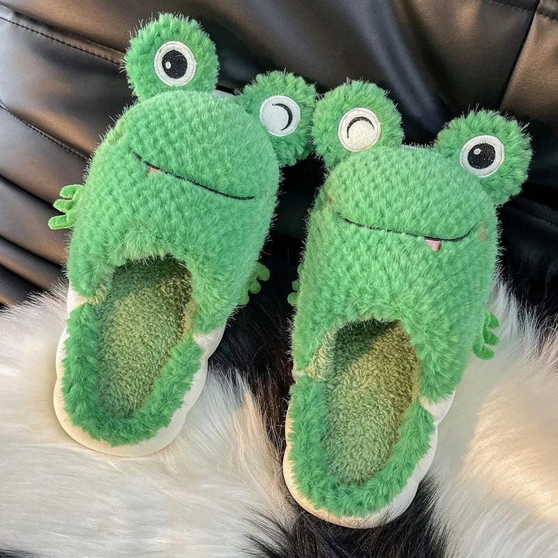 Women Winter Warm Slippers Faux Fur Fluffy Cute Frog Slip-on House Slippers Plush Sole Non-slip Indoor Outdoor Women Slippers