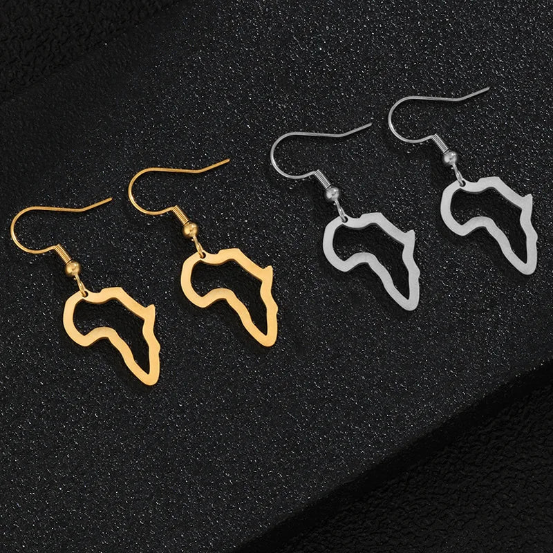 Custom Stainless Steel 18K Gold Africa Map Outline Pendant Earrings for Men and Women Afro Wire Stud Earrings