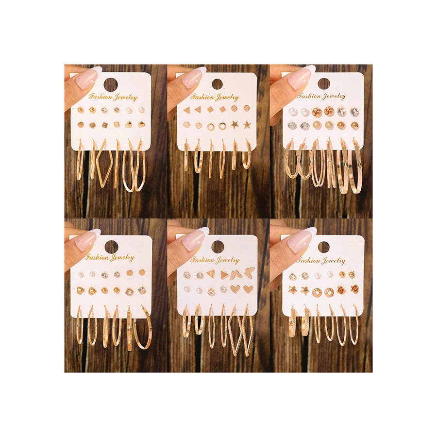 Hot Selling Earring Fashion Pearl Love Flower Earrings Gold Plated 9 Pairs Geometric Earring Hoop Sets