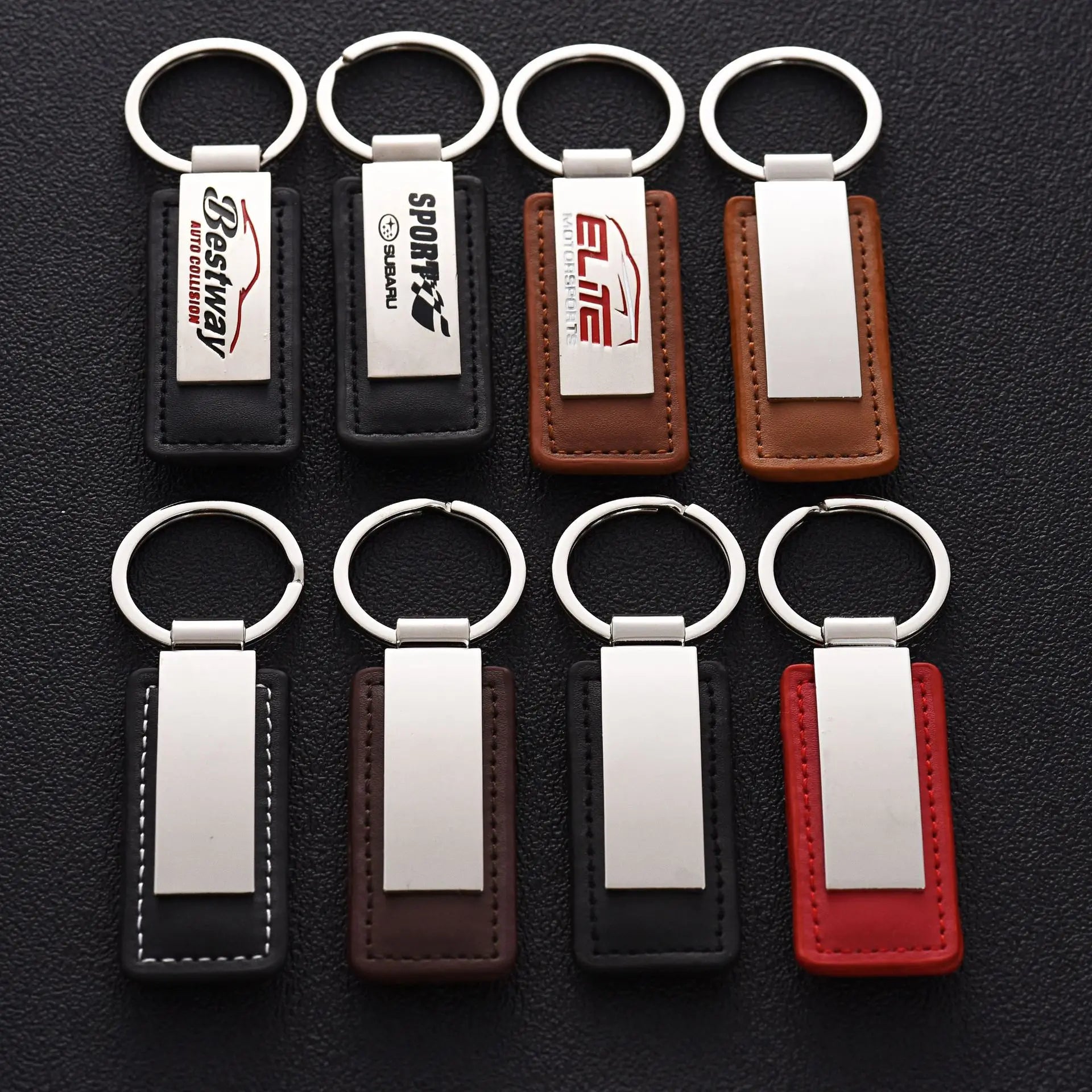 Manufacturer Personalized Business Custom Design Car Logo Brand Rectangle Pu Leather Keyring Laser Black Metal Leather Keychain