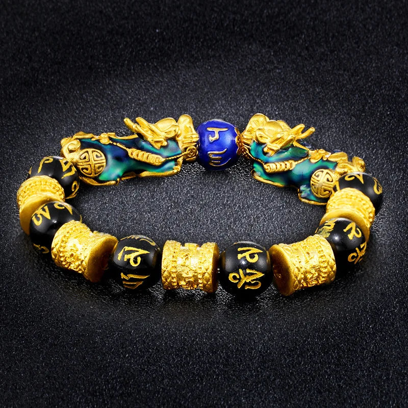 Feng Shui Six Word Truth 12mmBeads Color-changing Copper Piyao Wealth Good Luck Gold Bucket Beaded  Pixiu Bracelet
