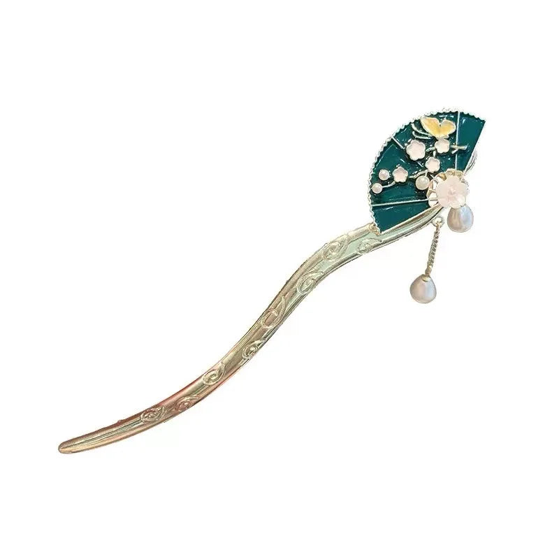 Ethnic Style Cloisonne Metal Vintage Hair Accessories Enamelled Wholesale Fan-shaped Chinese Hair Chopsticks Pin Bun Stick