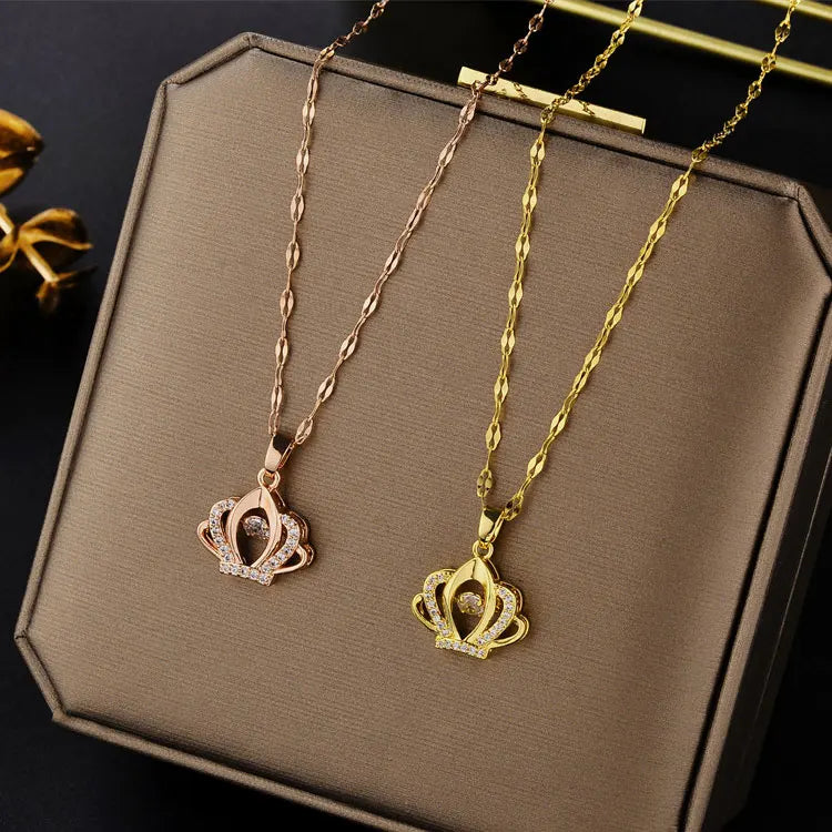 SC Creative Stainless Steel Lips Chain Necklace Fashion 18K Rose Gold Rotating Zircon Crown Pendant Necklace for Women