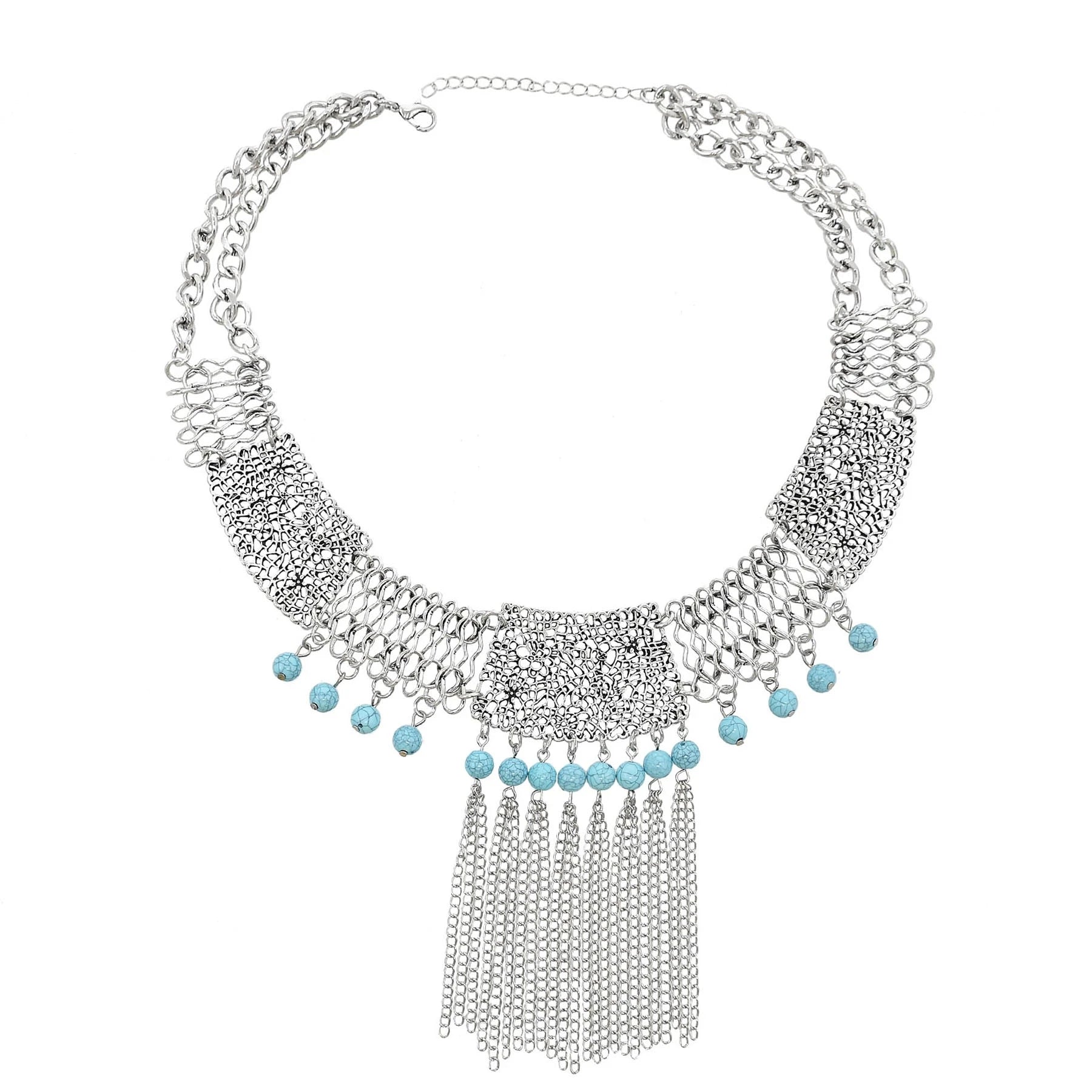 Fashion Women Vintage Gold Silver Crystal Tassel Pendant Necklace Earring Set Gypsy Indian Party Jewelry