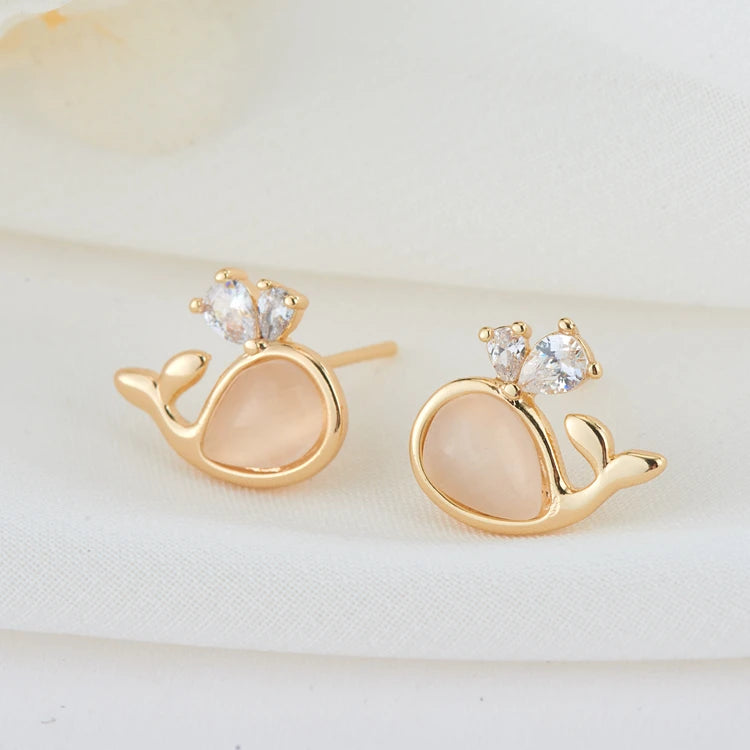 Wholesale Cute Jewelry Earrings for Gift 14K Gold Plated Water Drop Cubic Zirconia Epoxy Whale Shape Stud Earring