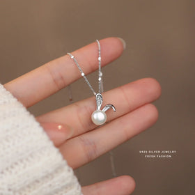 S925 Sterling Silver Rabbit Pearl Necklace Light Luxury Niche Design Lovely Temperament Micro-set Zirconia Collarbone Chain