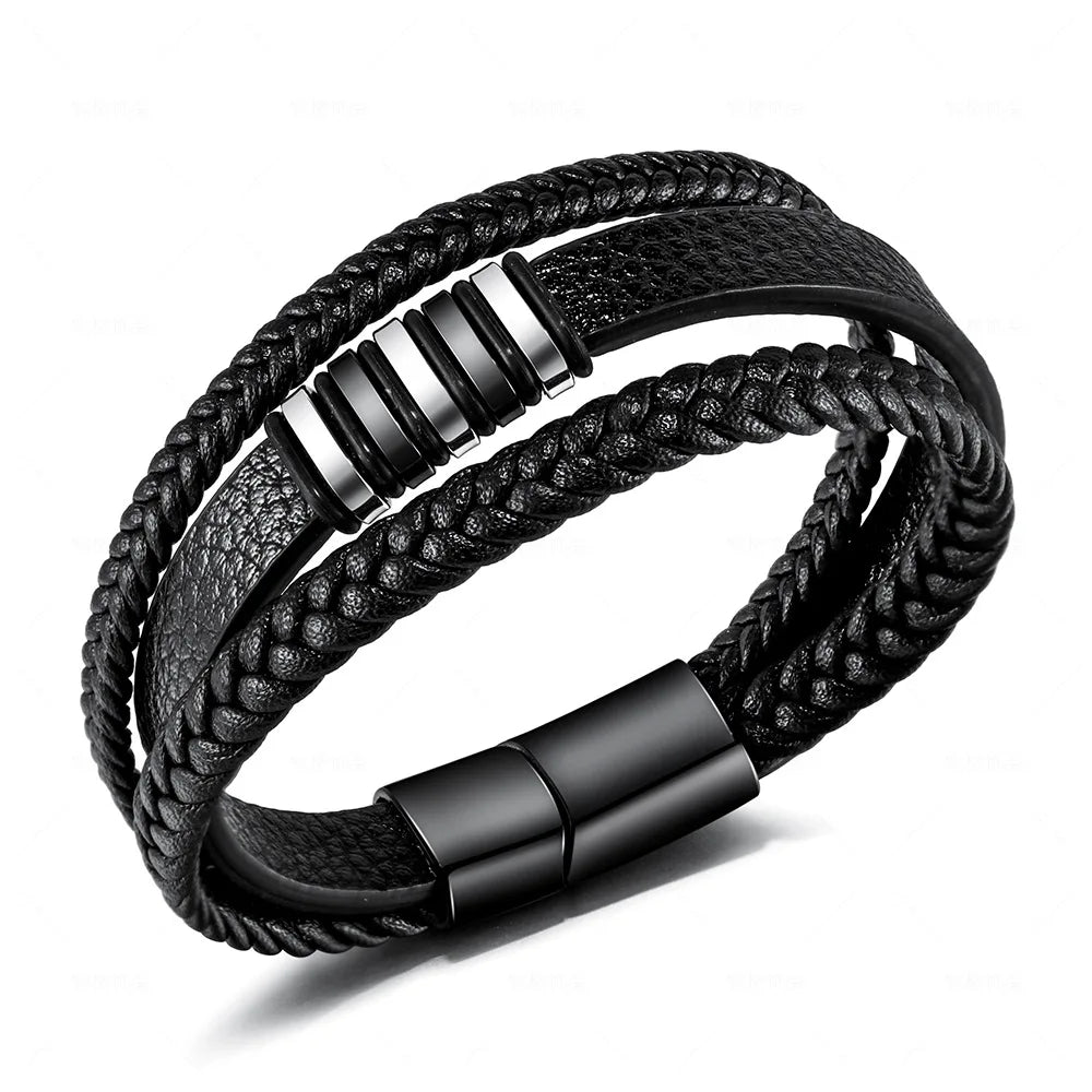 Wholesale Multilayer Hand Woven Leather Stainless Steel Men's Bracelet Fashion Vintage Men's Bracelet Jewelry