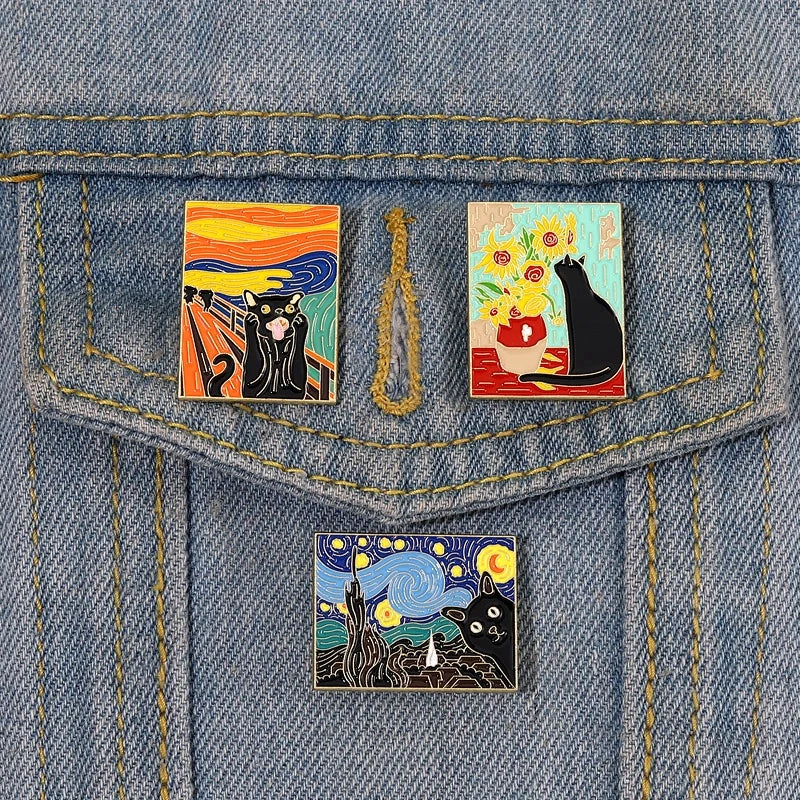 Cats Pins in Oil Painting Enamel Pin Custom Funny Black Kitten Sunflower Brooch Lapel Badge Animal Jewelry Gift for Kids Friends