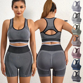 2 Piece Set Women Trending Workout Biker Shorts Sets High Waist Cropped Tops Shorts Gym Fitness Sets