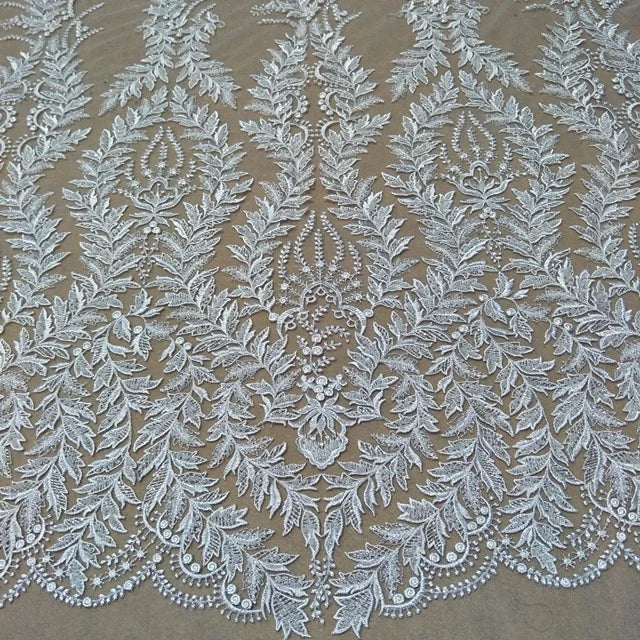 Romantic Beautiful Bridal Dress Lace Fabric With Embroidery Beaded Pearl White Sequins for Happy Day