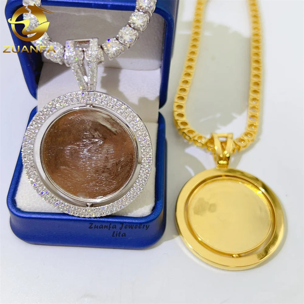 925 Sterling Silver Rotatable Double-faced Photo Charm Hip Hop Moissanite Pendant Necklace Iced Out Picture Pendants