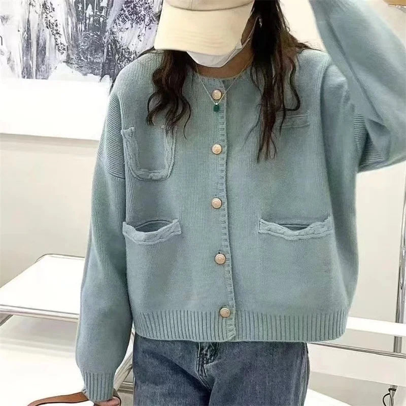 CIS Women's Casual Knitted Cardigan Autumn Winter Solid Sweater Single Breasted Design Multi Pocket Button Decoration for Girls