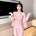 3 Ini 1 Piyama Cotton Pijamas Mujer Long Sleeve Night Clothing Size Sleepwear Robes Dots Printed Plain Pajamas for Women Set