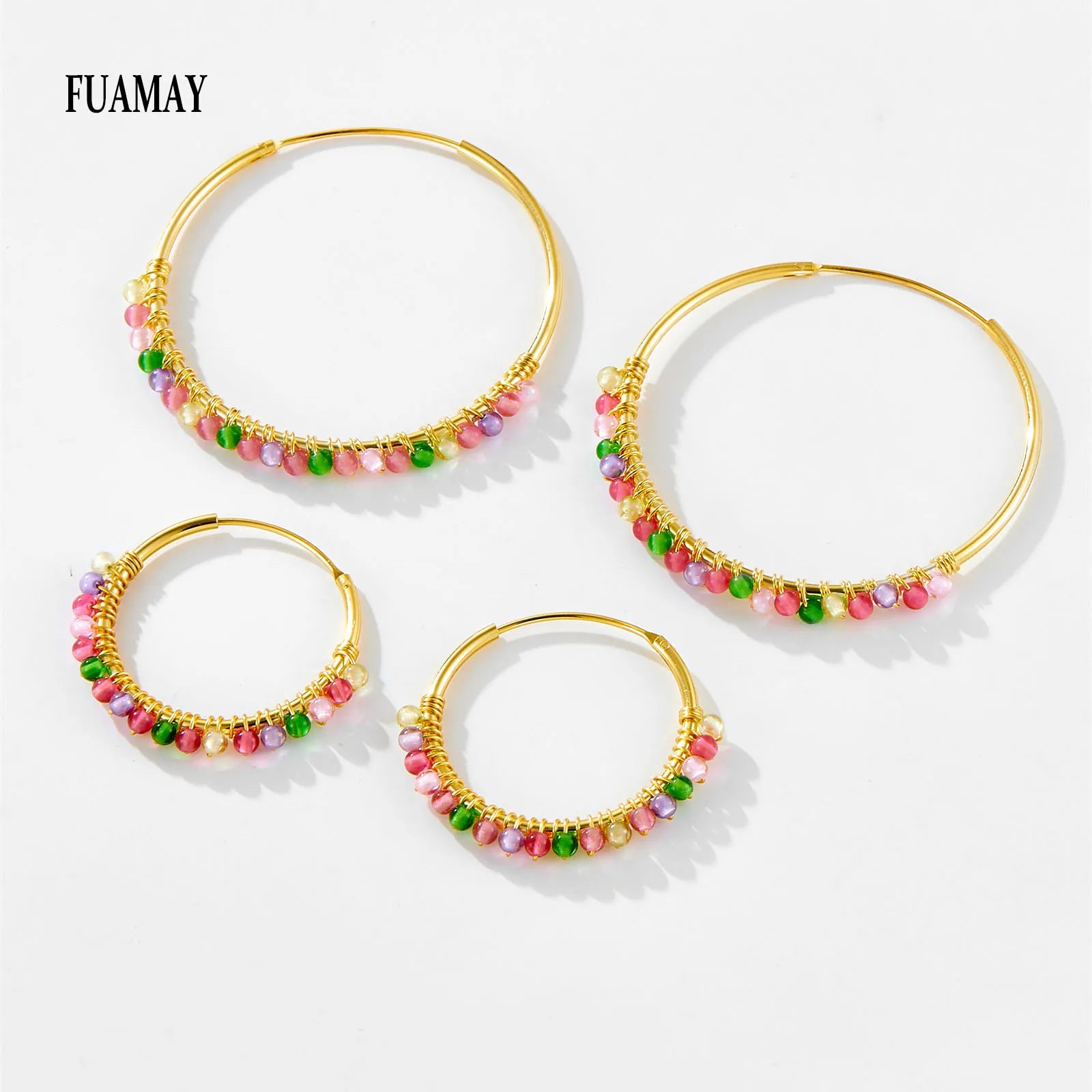 FUAMAY 2024 Fashion Rainbow 36MM Big Hoop Earrings 925 Silver Green Purple Bead Hoop Bohemia Earring Women