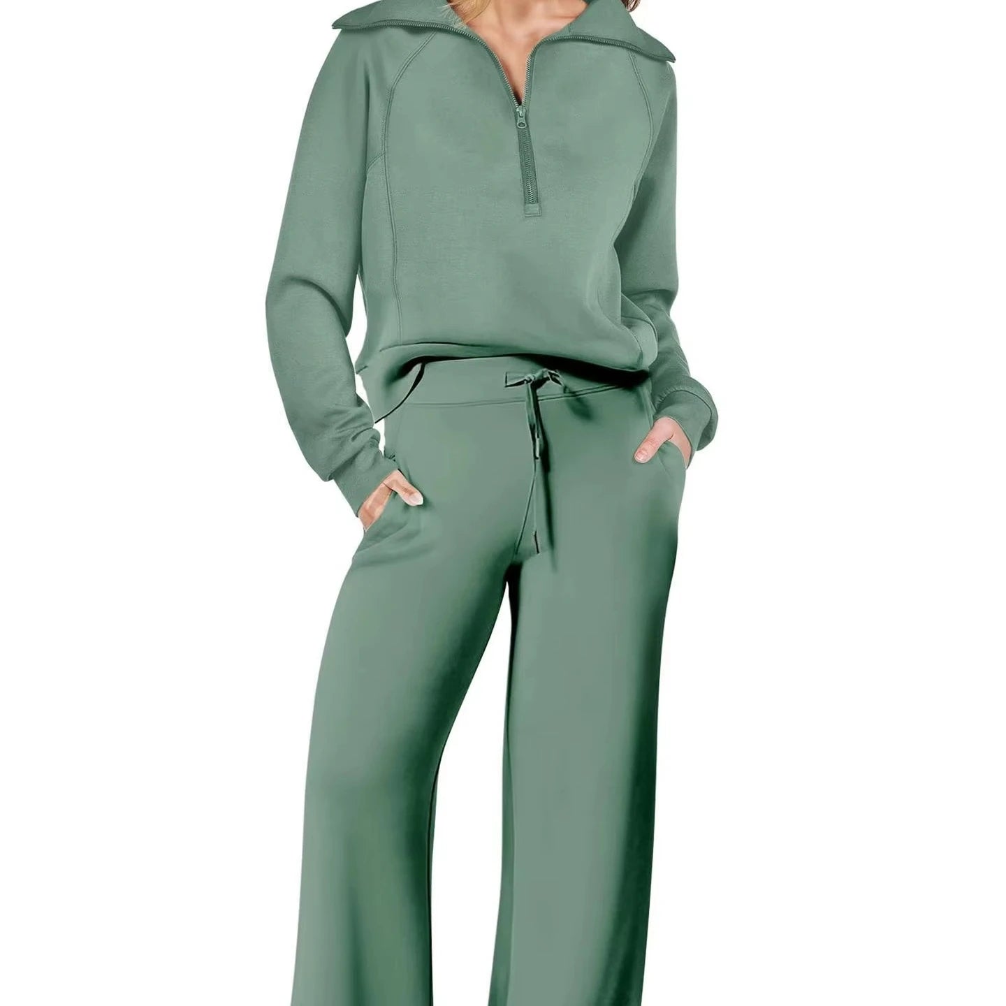 Autumn Winter Two-Piece Casual Sports Suit Simple Comfortable Zipper Long Sleeved Sports Shirt with Wide Leg Loose Fit Pants