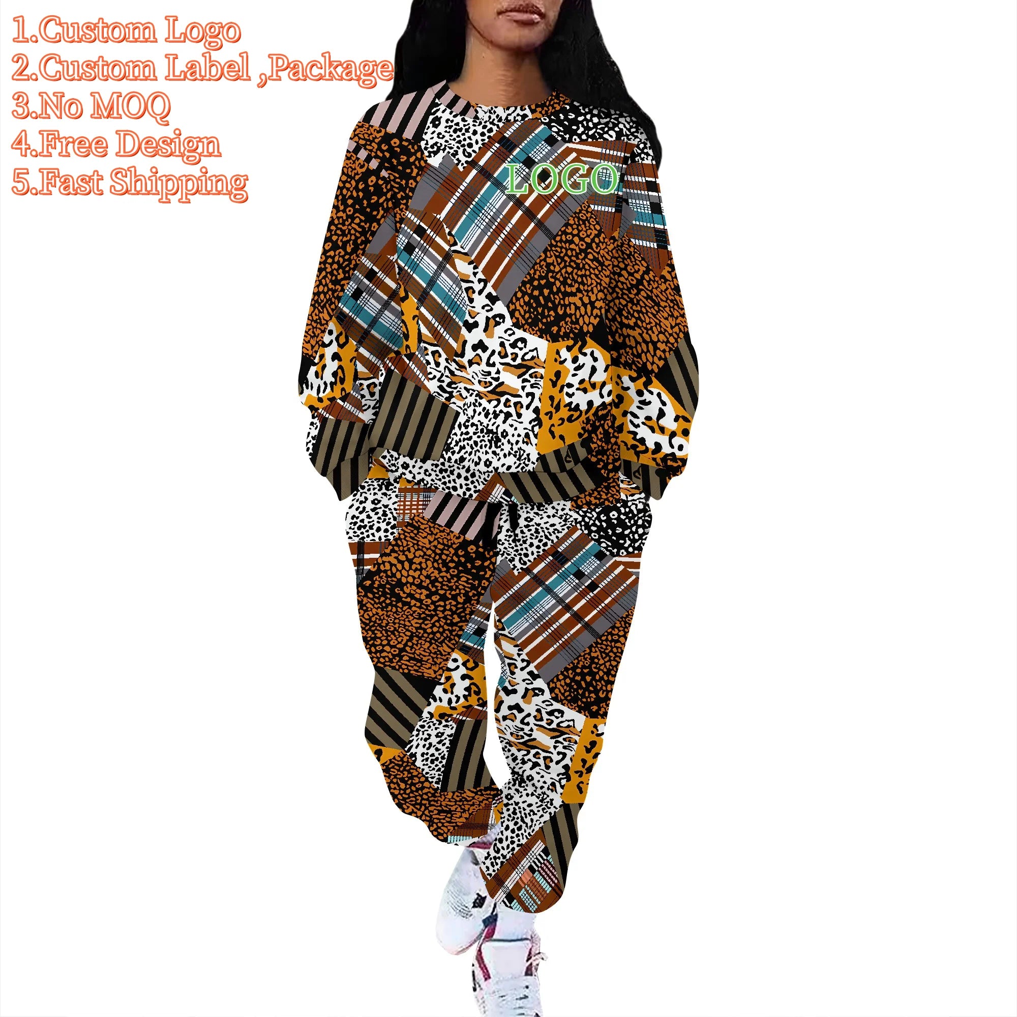 Hooded Casual Print Sweatshirt with Pockets O-Neck Knitting Fabric Top Set