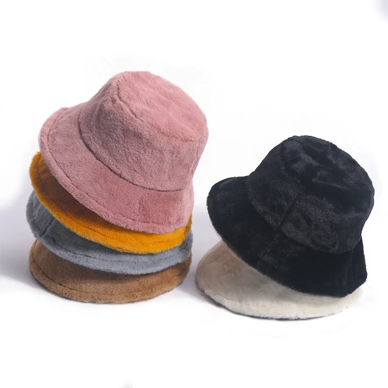 Fashion Winter Bucket Hat Custom Warm Fur Furry Printed Pattern Fisherman Buckets Hat for Woman