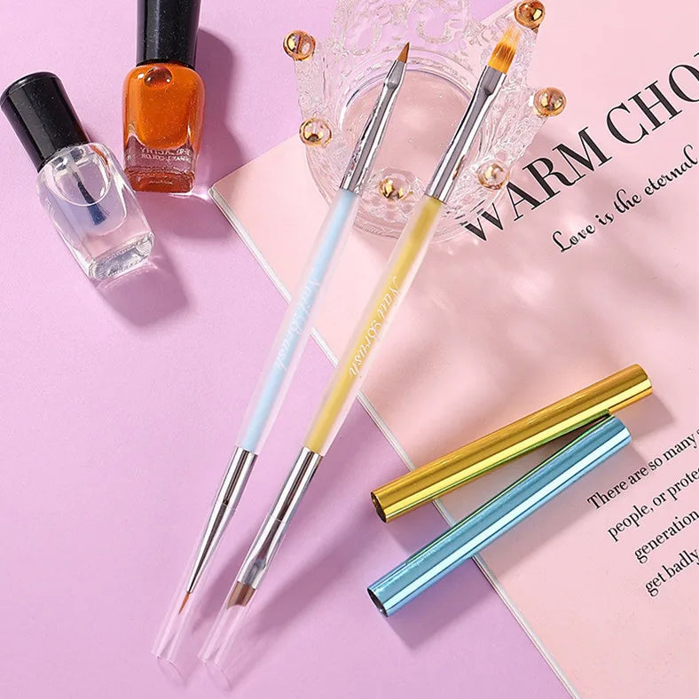 1pcs Professional Double Side  Nail Art Brush With Two Hat Matt Acrylic Handle Nail Art Pen Liner Pen Beauty UV Gel Brush